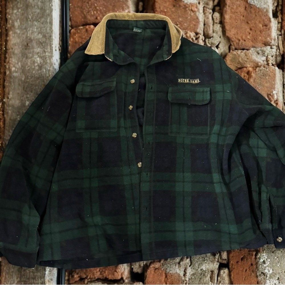 Men's Vintage XXL Notre Dame Green Plaid Jacket Fleece barn Jacket oversized